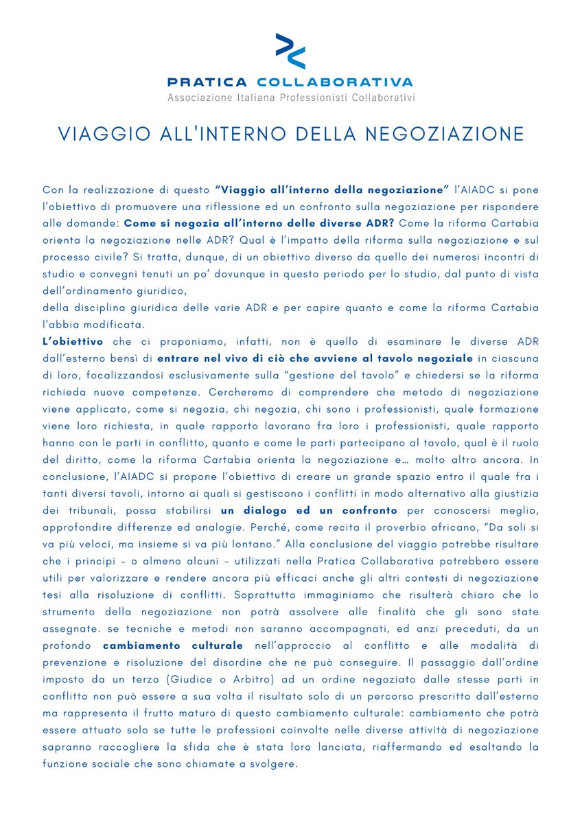 Stay tuned! 👀
📌 10 novembre #Firenze
📌 17  novembre #Venezia
📌 24 novembre #Torino
📌 1 ° dicembre  #Milano
Vieni con #aiadc a fare un #viaggio all'interno della #negoziazione.
Info ed iscrizioni su 👉🏼praticacollaborativa.it/convegno-viagg…
#praticacollaborativa #riformacartabia #formazione