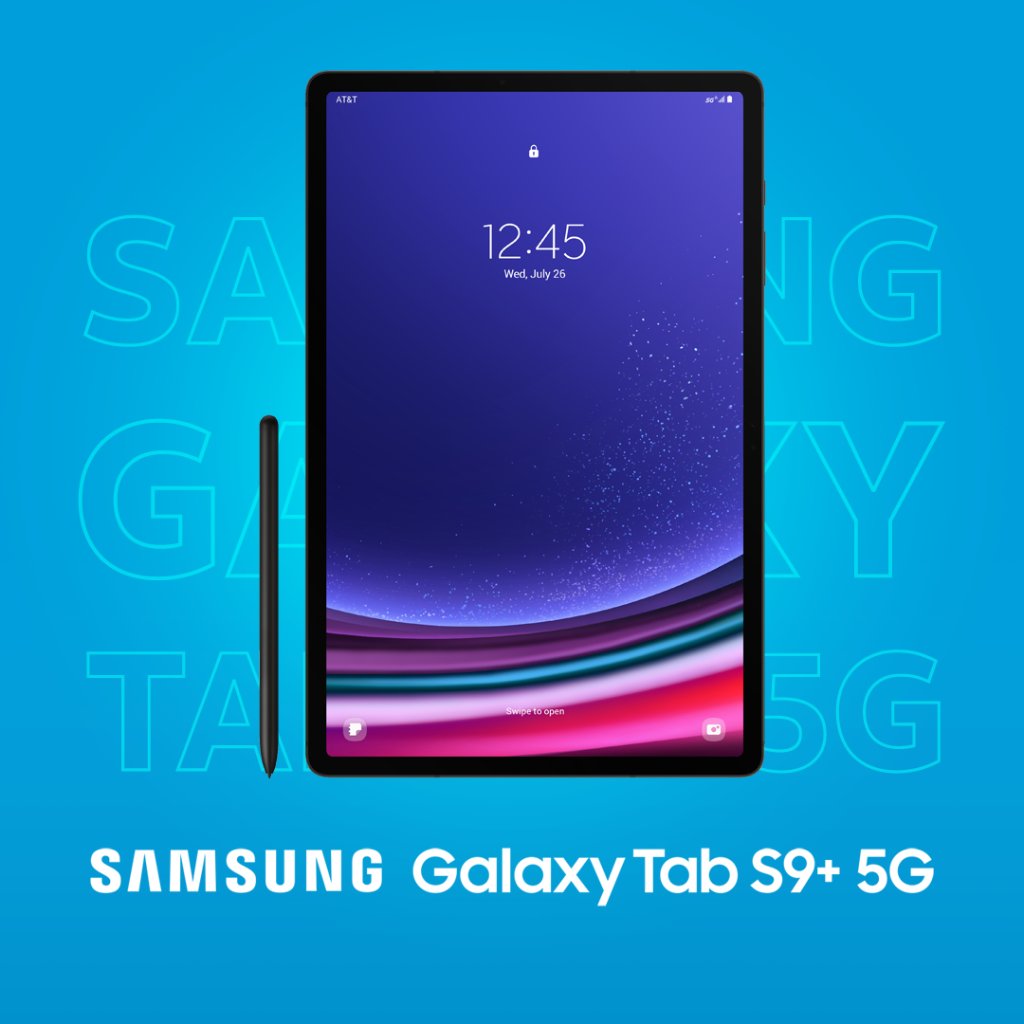 Introducing the <a href="/SamsungMobileUS/">Samsung Mobile US</a> Galaxy Tab9+ 5G. ✨

📏 12.4" display
🤳12MP front camera
📷 13MP back camera
🔍 Vision Booster display to automatically adapt to your surrounding
🗃️ 256GB memory
🖋️ Included S pen

Tab into your potential: att.com/Samsung