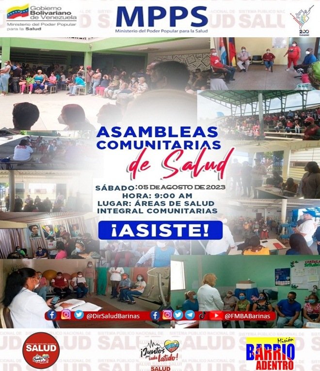 #Convocatoria 🗣| Las Asambleas Comunitarias de Salud se realizarán en el ámbito territorial de las 593 ASIC de Venezuela.

Sábado, 5 de agosto 2023, en las 17 ASIC del estado Barinas.

#GNBArmadosDePaz
#JuntosPorCadaLatido
#EmpoderarElPoderPopular

¡Es la Misión!