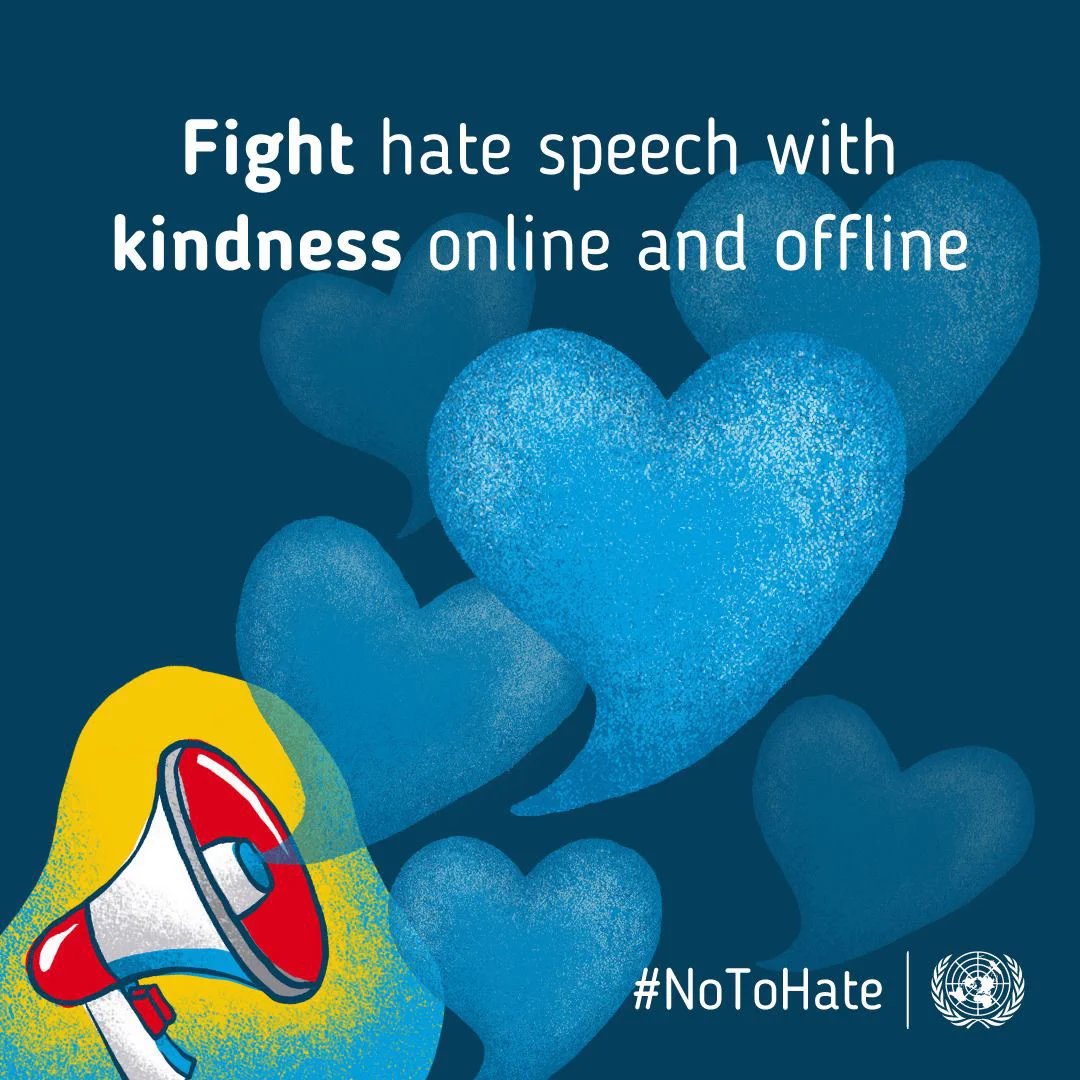 UN's tweet photo. We can all help counter hate speech through the power of kindness.

Together, we can say #NoToHate, and create safe spaces – online and offline – that respect human rights, diversity &amp; tolerance.

Get ideas on how you can take action: https://t.co/LiLrhbvu01 https://t.co/UtXKJYROWw
