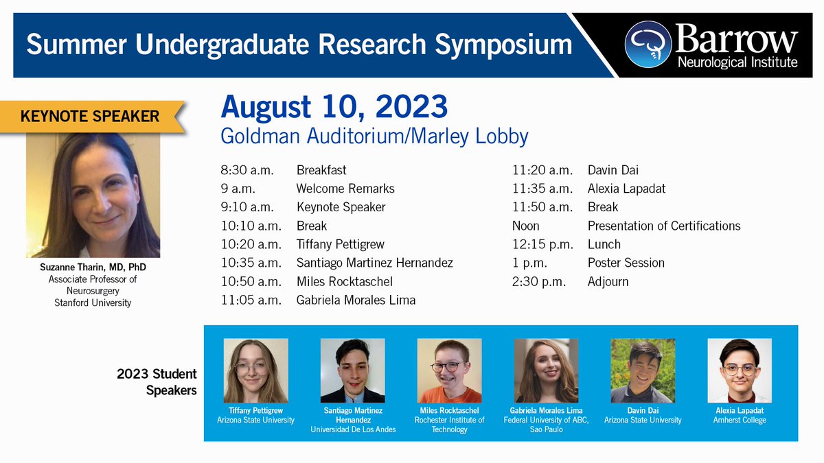 We are excited to celebrate this year's BNI Summer undergraduate student interns' accomplishments at our annual research symposium with Dr. Suzanne Tharin <a href="/SpineTharin/">Suzanne Tharin MD PhD</a> as our keynote speaker! It's been an exciting summer and hard to believe it's almost over.
