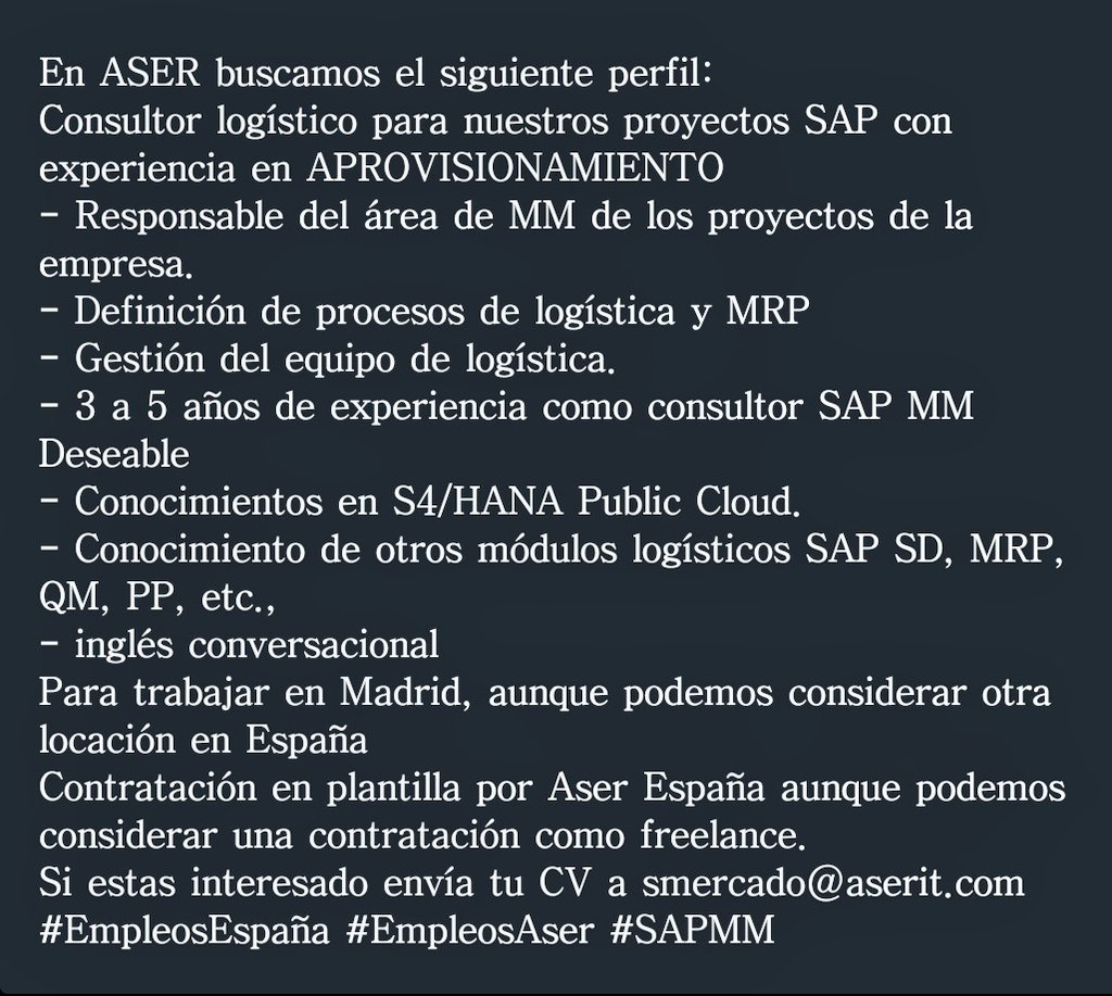 ASERITGroup's tweet photo. #sapmm #EmpleosAser #EmpleosEspaña 
Envia tu CV a smercado@aserit.com https://t.co/Q0TgPDDezI