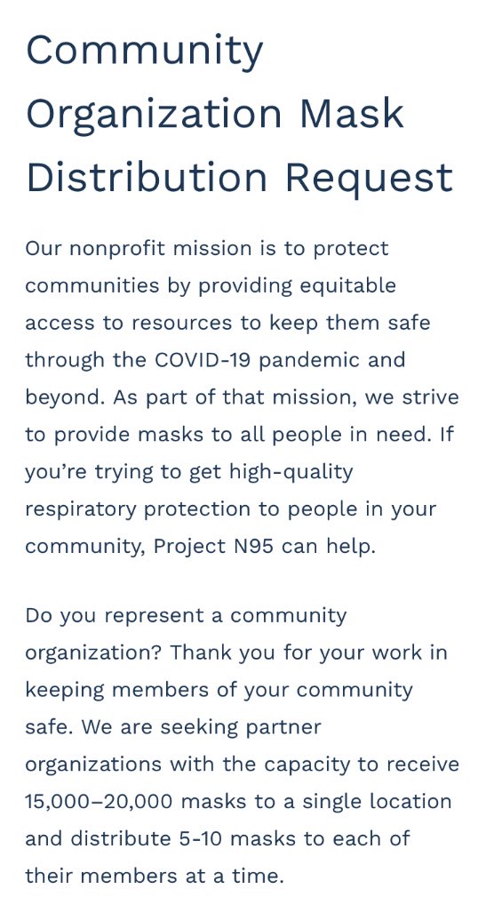 😷 Free Masks ❤️
Request masks for yourself or for your community organization from @projectn95. 

Individuals / families: projectn95.org/free-masks/ 
Organizations: projectn95.org/free-masks/com…