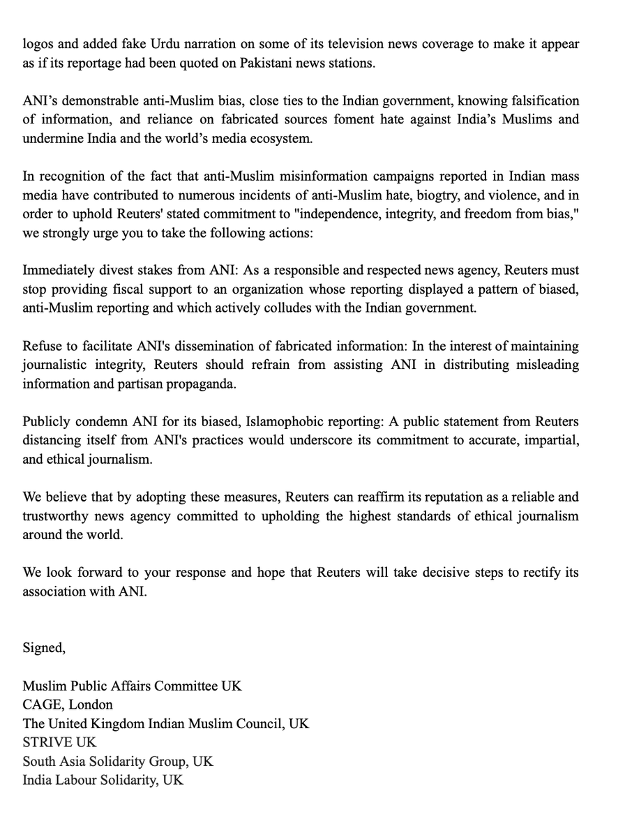 TutiPostNews's tweet photo. #BREAKING: International coalition of over 35 civil rights groups call on @thomsonreuters @ReutersPR @aagalloni to terminate its partnership & investment in @ANI due to its Islamophobic reporting & dissemination of @BJP4India propaganda.
#ReutersStopFundingHate #DivestFromANI https://t.co/IgzhUoe9oP