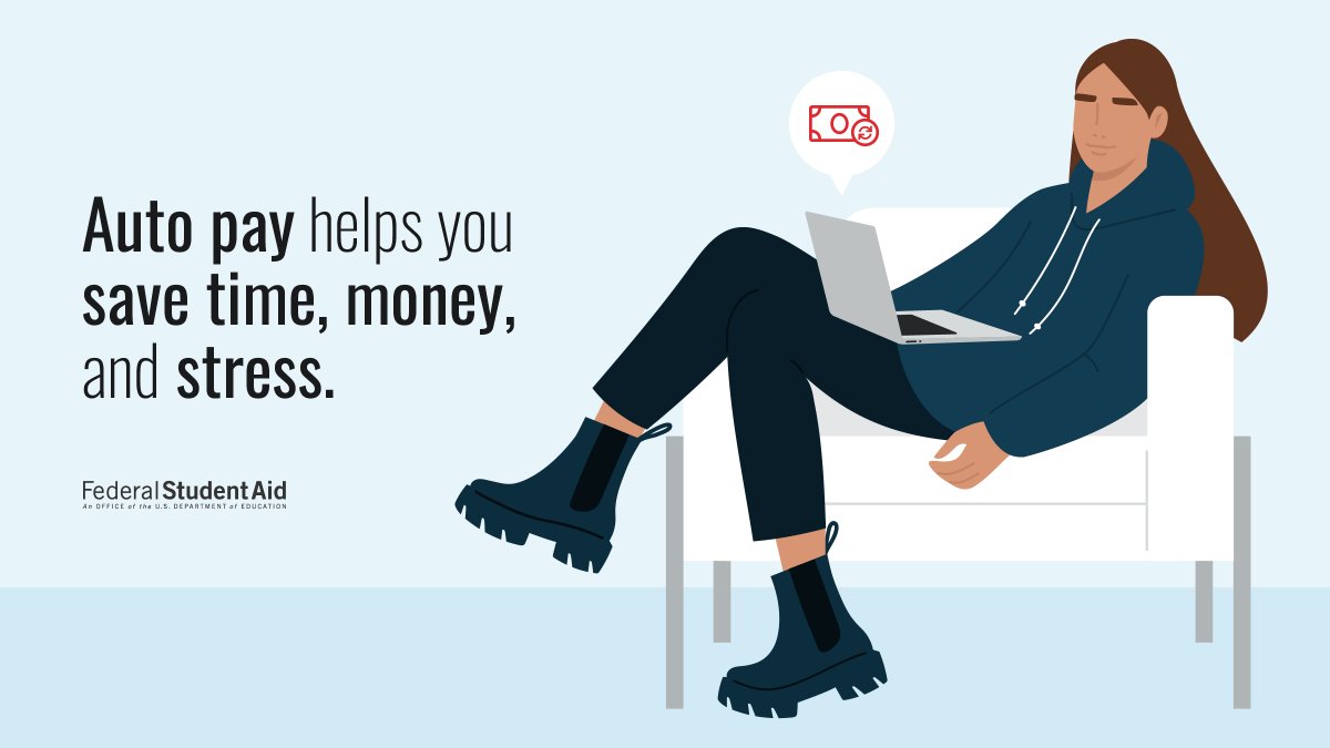 FAFSA's tweet photo. The benefits of auto pay make it easy! Sign up on your loan servicer’s site, and you can: 

 💲 Save 0.25% on your interest rate.

⏳ Get a reminder ahead of each withdrawal.

🤔 Relax knowing your bill will be paid each month.

Log in to find yours: https://t.co/u7URrtw9aQ https://t.co/VuWHUI8FAw