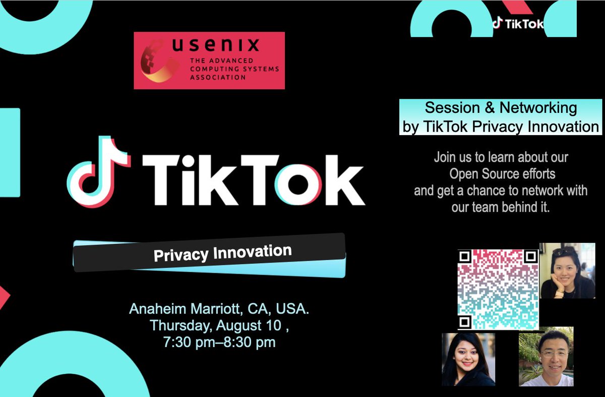 TikTokPrivacyGo's tweet image. Come learn about the initiatives from @tiktok_us in the Open Source! 

We are hosting a session at the @usenix Security 2023 conference in Anaheim, CA on August 10. We will introduce our open source project, PrivacyGo and can't wait to see you there🤝 #TikTok #PrivacyInnovation