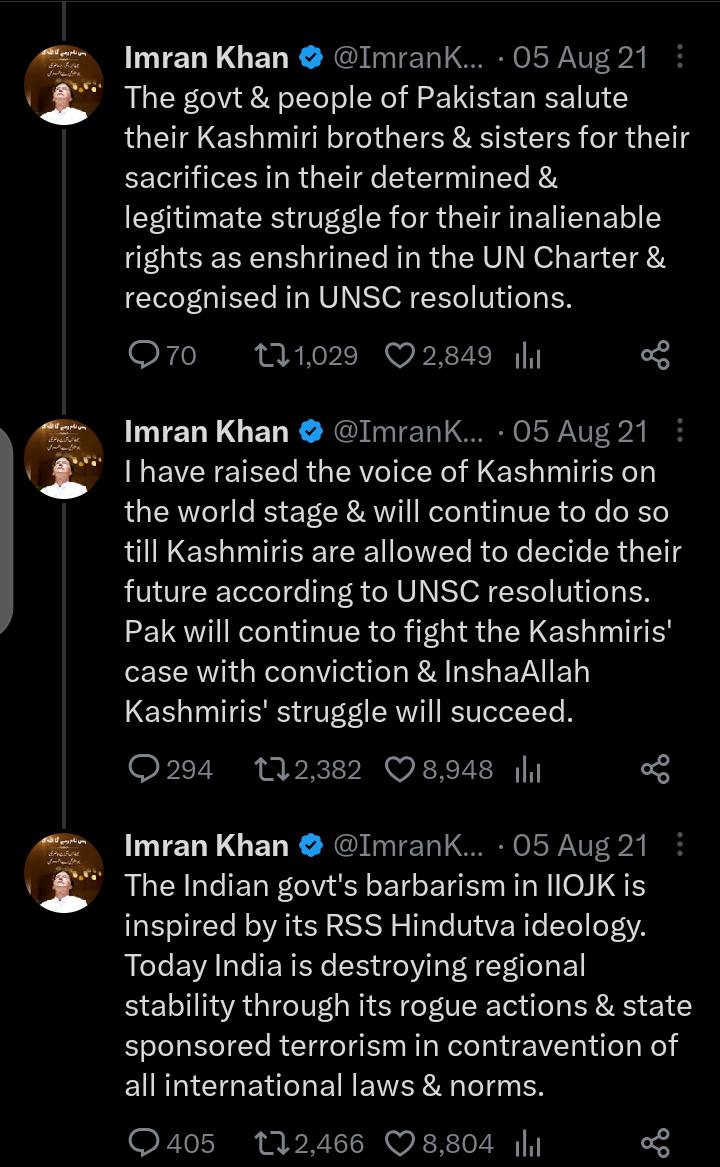 ImranKhanPTI's tweet photo. I have always strongly & unequivocally condemned Modi govt's illegal action in revoking special Status of IIOJK. Not only did India brazenly violate international law & UN resolutions but it also committed a war crime under Fourth Geneva Convention by altering demography of IIOJK. What is very  unfortunate, is how the powerful in the international community continue to adopt a discriminatory approach towards the issue of human rights.

This acceptance by the powerful of India's continuing HR violations with impunity is similar to Munich and the appeasement of Hitler. I will continue to raise my voice on all forums in support of the Kashmiris struggle & their right to self determination as guaranteed under UNSC resolutions.