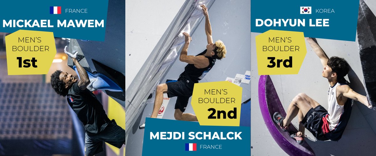 🔥First 2023 IFSC Climbing World Championship was celebrated by a fantastic crowd 🤩Congrats to the amazing athletes!
🥇Mickael Mawem 🇫🇷
🥈Mejdi Schalck 🇫🇷
🥉Dohyun Lee 🇰🇷

@ifsclimbing #IFSC #SportClimbing #BernWCH #BernToClimb
