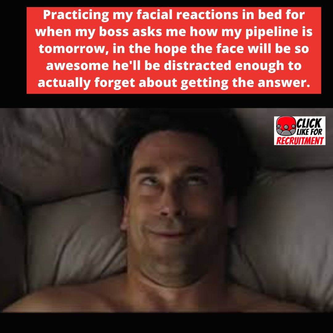 RecruitmentLike's tweet photo. 😂🛌 Practicing my 'pipeline face' in bed for tomorrow's meeting with the boss! 

#RecruiterLife #FunnyFaces #PipelinePrep #recruitermeme #recruitersmemes #recruiters #recruiterproblems #recruiterhumor #itrecruiter #unluckyrecruiters #recruiterlifebelike https://t.co/6Uhrv5cX88