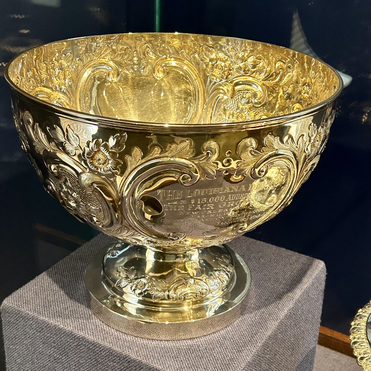 nmrhof's tweet photo. To celebrate the upcoming birthday (August 25th) of Hall of Fame trainer Preston M. Burch, this week’s #MuseumObjectMonday is the trophy from the 1950 Louisiana Derby on display in our Edward P. Evans gallery. Learn more: https://t.co/A2YFn1zT2j https://t.co/TSajERLLyE