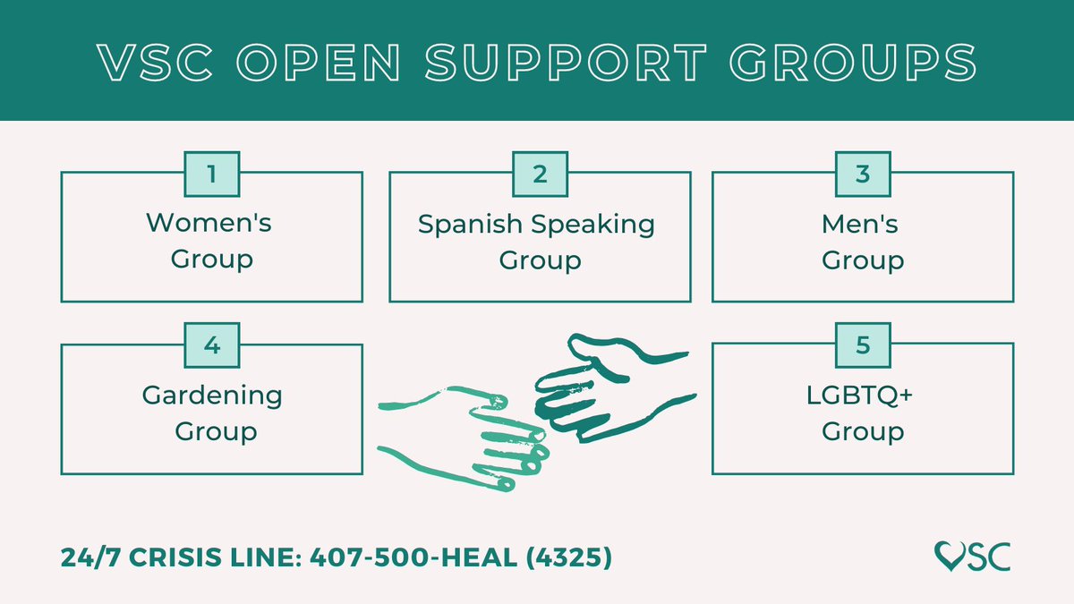 Looking for a space to meet others with shared experience? VSC offers a variety of open support groups. You are not alone.  

24/7 Crisis Line: 407-500-HEAL (4325)