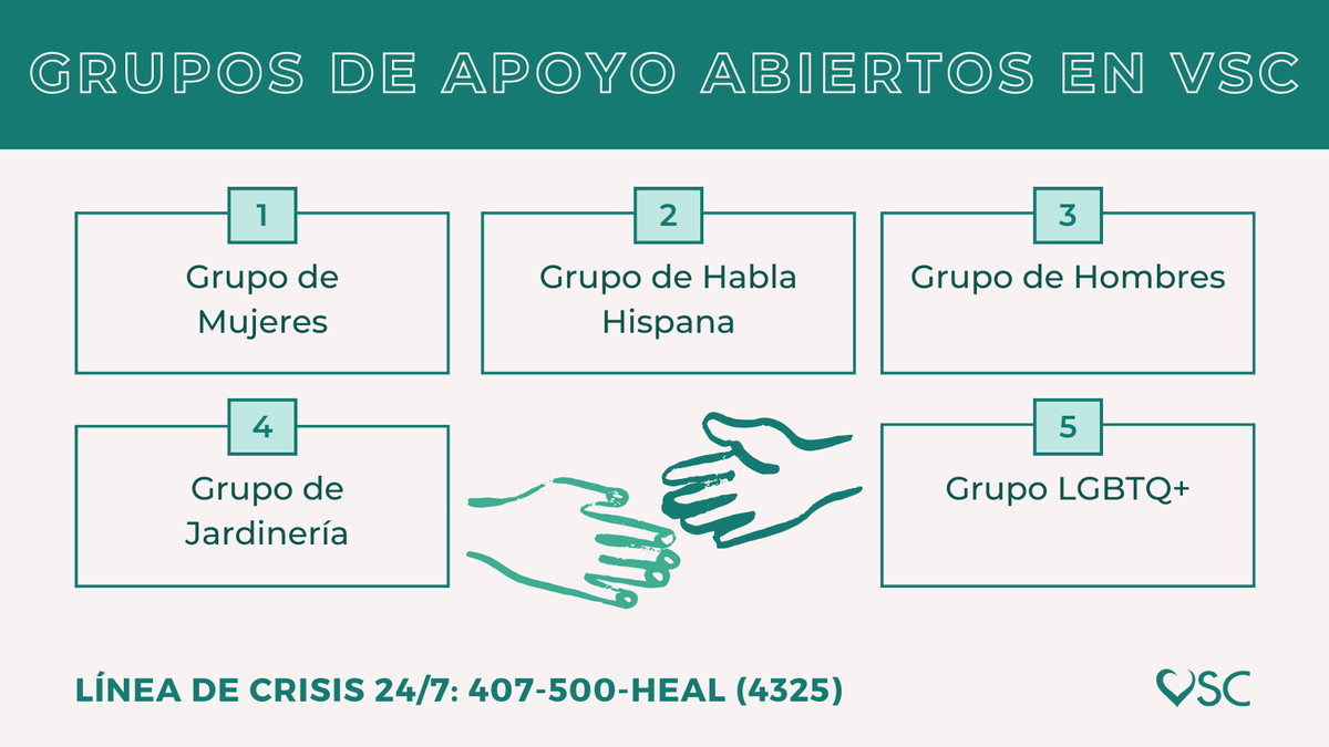 ¿Buscas un espacio para conocer a otras personas con experiencias compartidas? VSC ofrece una variedad de grupos de apoyo abiertos. Usted no está solo.  

Línea de Crisis 24/7: 407-500-HEAL (4325)