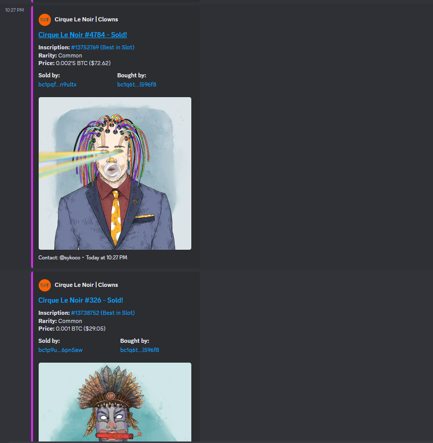 I would love to say that we were able to host sales for 24/7

You will be able to add tracking of 20 collections to your discord server.

Support of some recursive NFTs: @Titan_Meka <a href="/BitDodos/">BitDodos 🦤</a> <a href="/CirqueLeNoir/">Cirque Le Noir | Clowns</a> 
 
Shout out to those guys: <a href="/suganarium/">sugaR 🍬</a> <a href="/MasterChiefNFTs/">MasterChief🩸</a> <a href="/Solana_Guru/">guru</a>