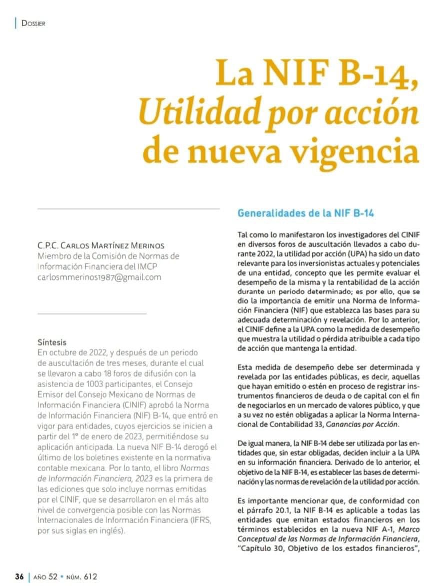 ColegioXalapa's tweet photo. El CCPX invita a toda la membrecía a leer el artículo de la Revista de Contaduría Publica del mes de agosto, “ La NIF B-14, Utilidad por Acción de Nueva Vigencia”, elaborado por el C.P.C. Carlos Martínez Merinos, Expresidente del #CCPX.
#CCPX #IMCP #100aniversarioIMCP #CONIF https://t.co/emHHbaQwne