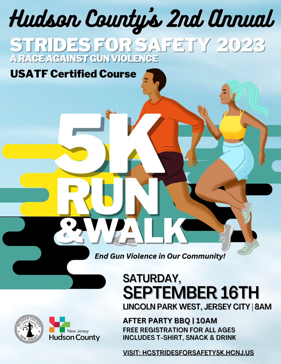 VisitHudsonNJ's tweet photo. Registration is now open for Hudson County's 2nd Annual Strides for Safety: A Race Against Gun Violence 5K Run & Walk being held on Saturday, September 16th at Lincoln Park West in Jersey City!
https://t.co/2WPkEcg69D
#VisitHudsonNJ #HudsonCounty #JerseyCity #StridesforSafety #5k https://t.co/fDUp75FLrS