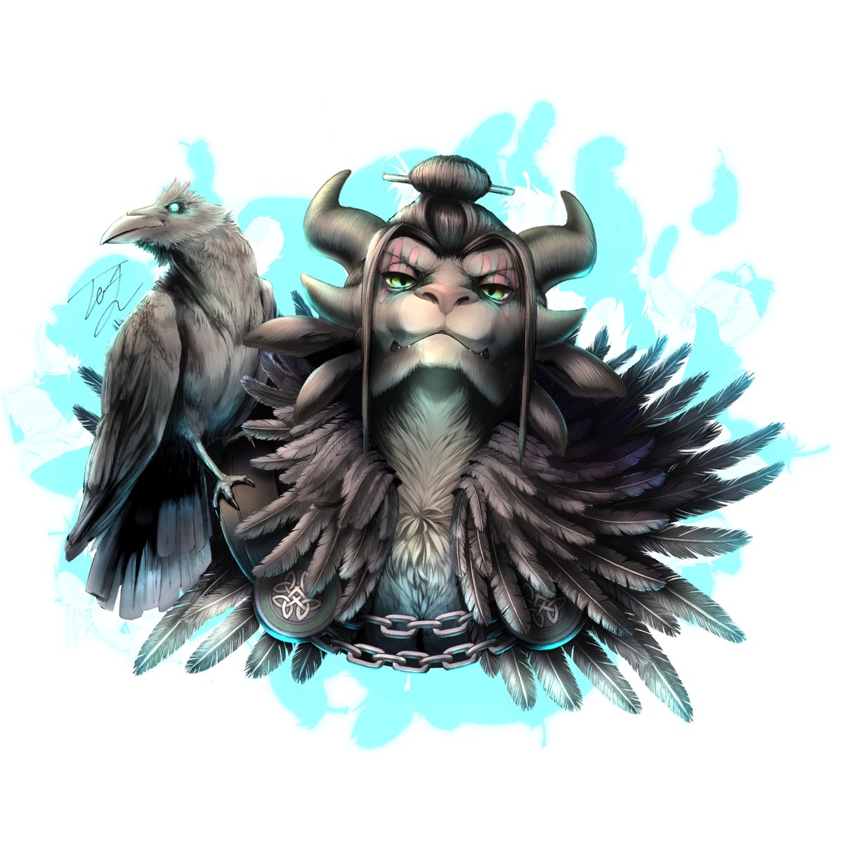 TeoLeif's tweet photo. It's finished! I may have gone a little overboard with the lighting... again... but I'm just happy that after ten years of wanting to draw my #GuildWars2 character Theros, I finally pulled it off without giving up.

...and I hope I never have to paint another feather. https://t.co/W8kYLXQdu0