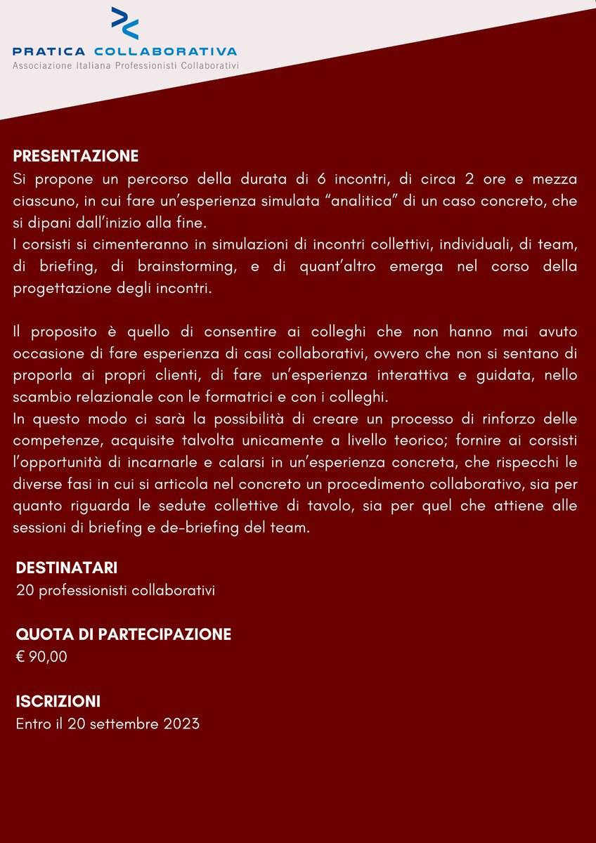 📌 10, 17 ottobre, 7, 14, 28 novembre e 5 dicembre (14,30-17,00) su #zoom.
La #praticacollaborativa dalla A alla Z. @StallaDaniela e Barbara Bassino guideranno 20 #professionisticollaborativi nella simulazione di un caso.Iscrizioni su 👉🏼praticacollaborativa.it/prodotto/la-fo…
#aiadc #formazione