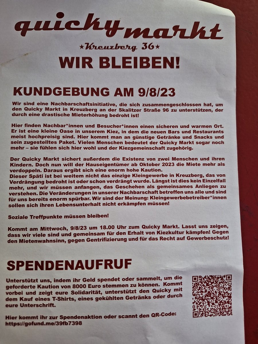 #Kundgebung gegen #Verdrängung - #QuickymarktBleibt!
Am Mittwoch, #b0908 von 18-20 Uhr gibt es eine Kundgebung zum Erhalt des Quickymarktes in der Skalitzer Straße 96 in #Kreuzberg. Wieder Mal möchte ein #Immobilieninvestor, diesmal #Blackstone, seine Rendite steigern.