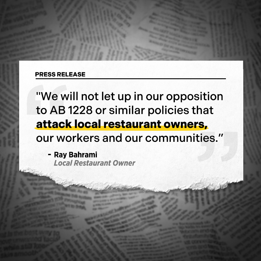 StopAB1228's tweet photo. AB 1228, a bill that attacks local restaurant owners, was delayed due to legislators listening to the concerns of thousands of local restaurant owners deeply opposed to this policy. Please, keep urging a NO on AB 1228. https://t.co/QWAhyEIQdi https://t.co/wGCKCWuhc5