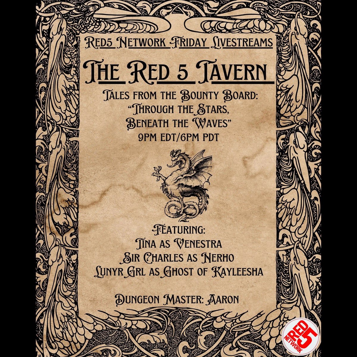YOUR Red 5 Network (@red5network) on Twitter photo The <a href="/Red5Tavern/">The Red 5 Tavern</a> is open! Join the crew as they continue their #DungeonsAndDragons sesh. Will Venestra call Snikket for a rendezvous? Will the Ghost of Kayleesha scare the hell out of Nerho? Does Dungeon Master Aaron have any tricks up his sleeve? Find out tonight LIVE on YouTube! The <a href="/Red5Tavern/">The Red 5 Tavern</a> is open! Join the crew as they continue their #DungeonsAndDragons sesh. Will Venestra call Snikket for a rendezvous? Will the Ghost of Kayleesha scare the hell out of Nerho? Does Dungeon Master Aaron have any tricks up his sleeve? Find out tonight LIVE on YouTube!