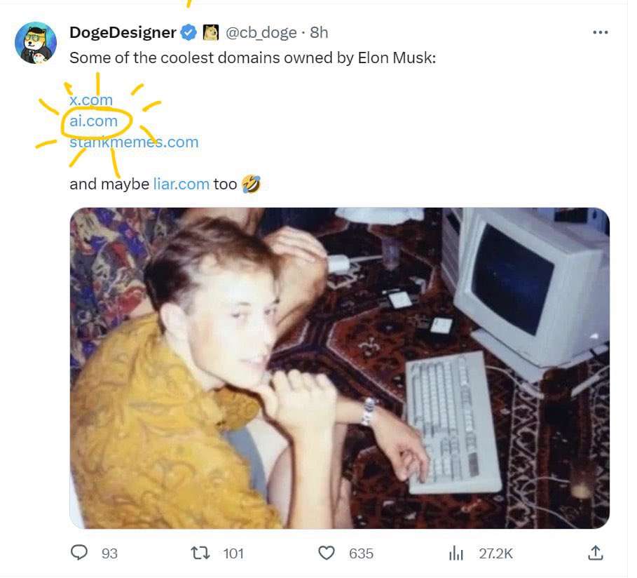 Degen Play: 

The Elon Domain Meta is here! With the recent news of <a href="/elonmusk/">Elon Musk</a> announcing he will be founding a project via AI to understand the true nature of the universe.

Welp he purchased the domain ai.com 👀 

$AI <a href="/aidotcomerc/">AI.com erc</a>

dextools.io/app/en/ether/p…