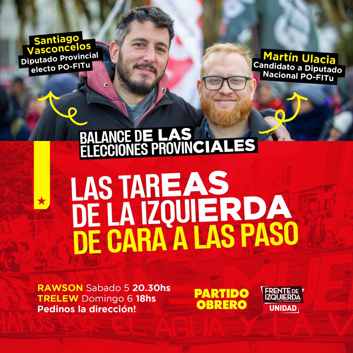 martinulaciaok's tweet photo. 📌 Este fin de semana estaremos por Puerto Madryn, Rawson y Trelew, junto al diputado provincial electo del @FdeIzquierda en Chubut, @santivascon, balanceando colectivamente las elecciones del 30/07 y en campaña de cara a las PASO nacionales del 13 de agosto 💪 https://t.co/APBvNLny3j