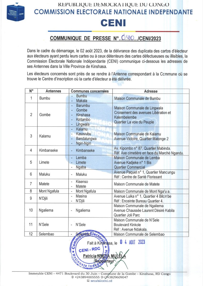 IsralMutombo11's tweet photo. #CENI: COMMUNIQUÉ DE PRESSE | N°040/CENI/2023.

Dans le cadre du démarrage de la délivrance des duplicatas des cartes d'électeur aux électeurs ayant perdu leurs cartes ou à ceux détenteurs des cartes  défectueuses ou illisibles, la CENI appelle  aux électeurs concernés de se rendre à l'Antenne correspondant à la commune où se trouve le Centre d'inscription où la carte d'électeur a été délivrée. 

#Le_Communiqué_de_la_CENI ci-dessous👇👇
