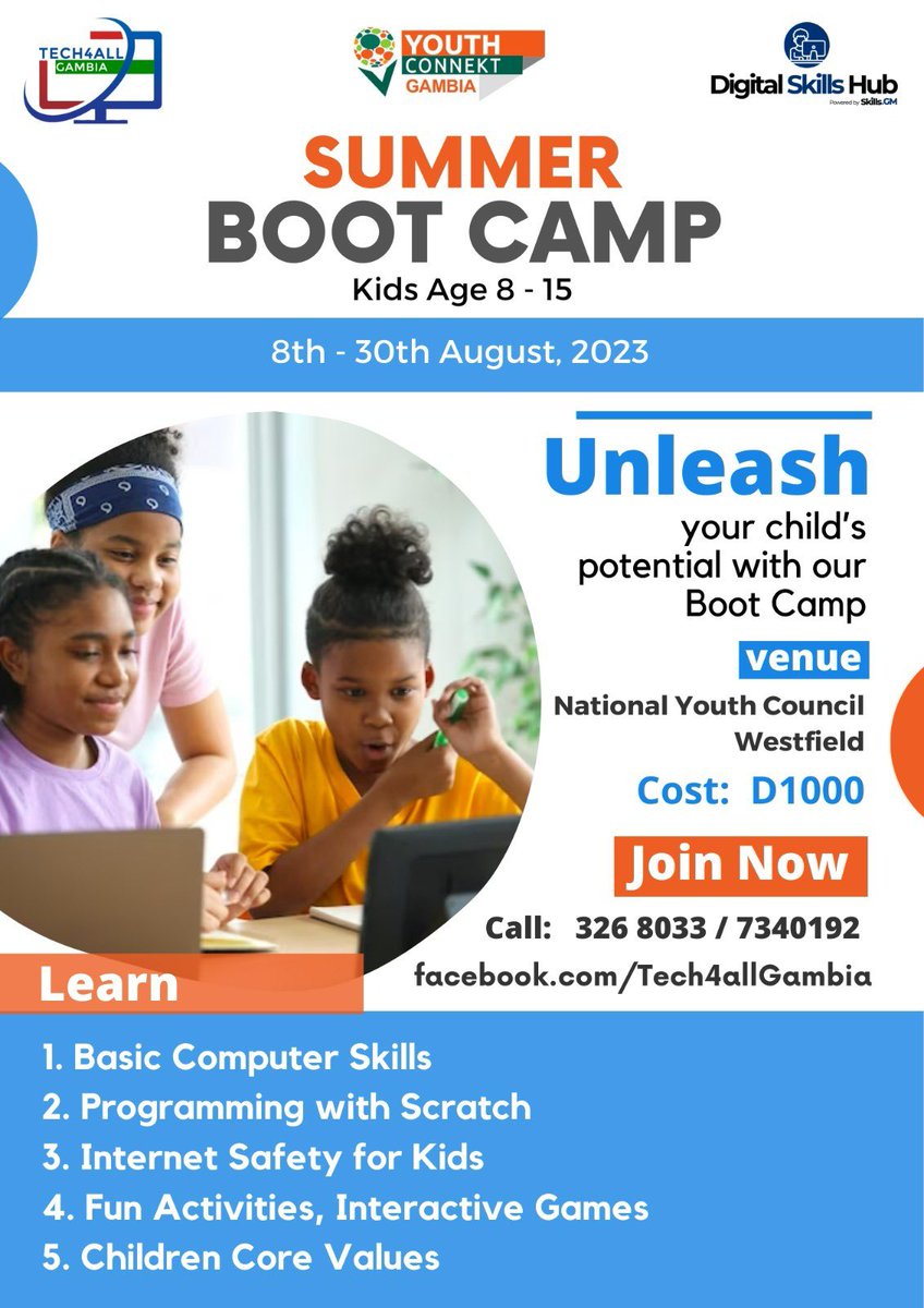 Tech4AllGambia's tweet image. 🌟 Exciting Tech4Aall boot camp for kids (ages 8-15)! 🚀🧑‍💻 Learn coding with Scratch, create games, and have a blast! 🎮📱 Only D1000 per child. Don't miss out! Register here: forms.gle/NCUbJzFvk8gkSh…
#Tech4Kids #CodingBootcamp #KidsLearning 🤩