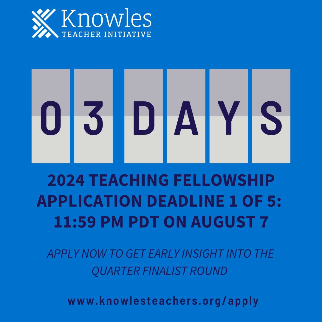 The first of five application deadlines for our 2024 Teaching Fellowship is rapidly approaching. New high school math &amp; science teachers are encouraged to apply now before the school year is in full swing.  It only takes 15 minutes: knowlesteachers.org/apply