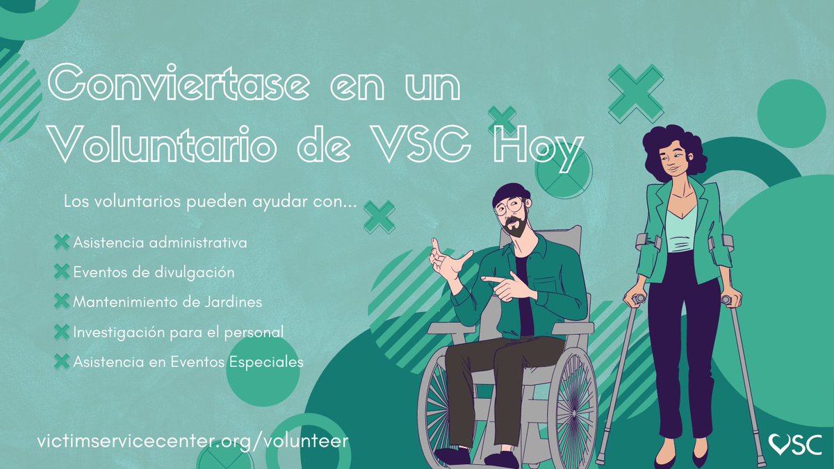 ¡Los voluntarios de VSC nos ayudan de muchas maneras! Regístrese para ser voluntario y prestar sus habilidades.  

victimservicecenter.org/volunteer