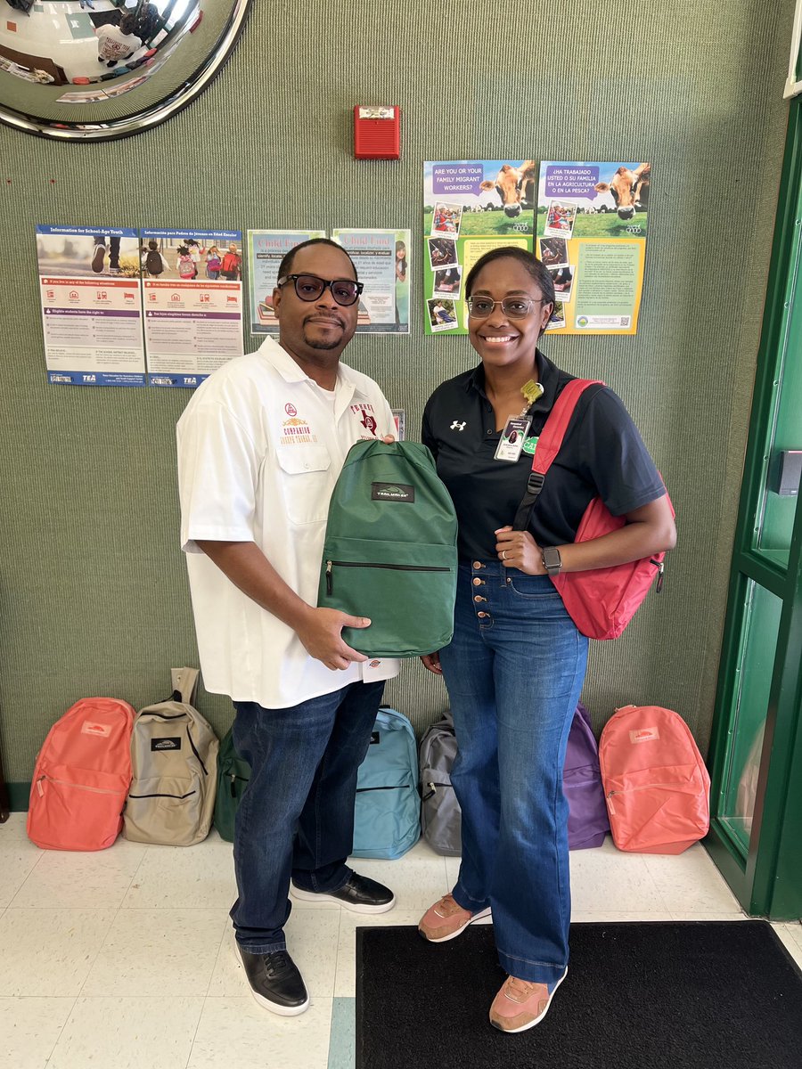 Joseph Thomas III, representing Lone Star Masonic Lodge #85 here in Hempstead, donated backpacks stuffed with new school supplies. Thank you for supporting our HES students! #HigherHeights