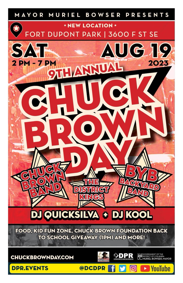 DCDPR's tweet image. #ChuckBrownDay line-up has been announced! 
BACKYARD BAND takes the stage (for the first time) 
+ added @DJQUICKSILVA!
A GO...GO:
DJ Kool 
DJ Quicksilva
BYB
and of course -🎸@chuckbrowndc 
📍NEW LOCATON: Fort Dupont Amphitheatre
8/19 - 2- 7pm #DontMuteDC
ChuckBrownDay.com