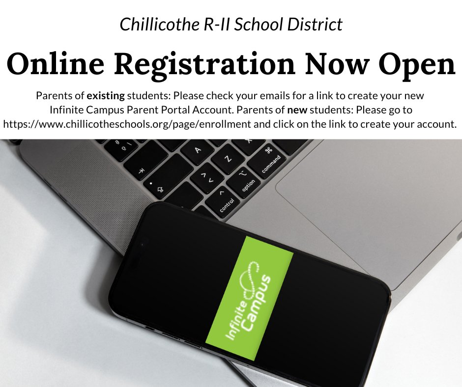 dewey_school's tweet photo. Good afternoon, everyone! Chillicothe R-II Schools' online registration is now open for both new and existing students! Also, be sure to download Infinite Campus' Parent Portal app from the Google Play or Apple Store so that you can access your student's info this school year! https://t.co/QVqX22t5M4
