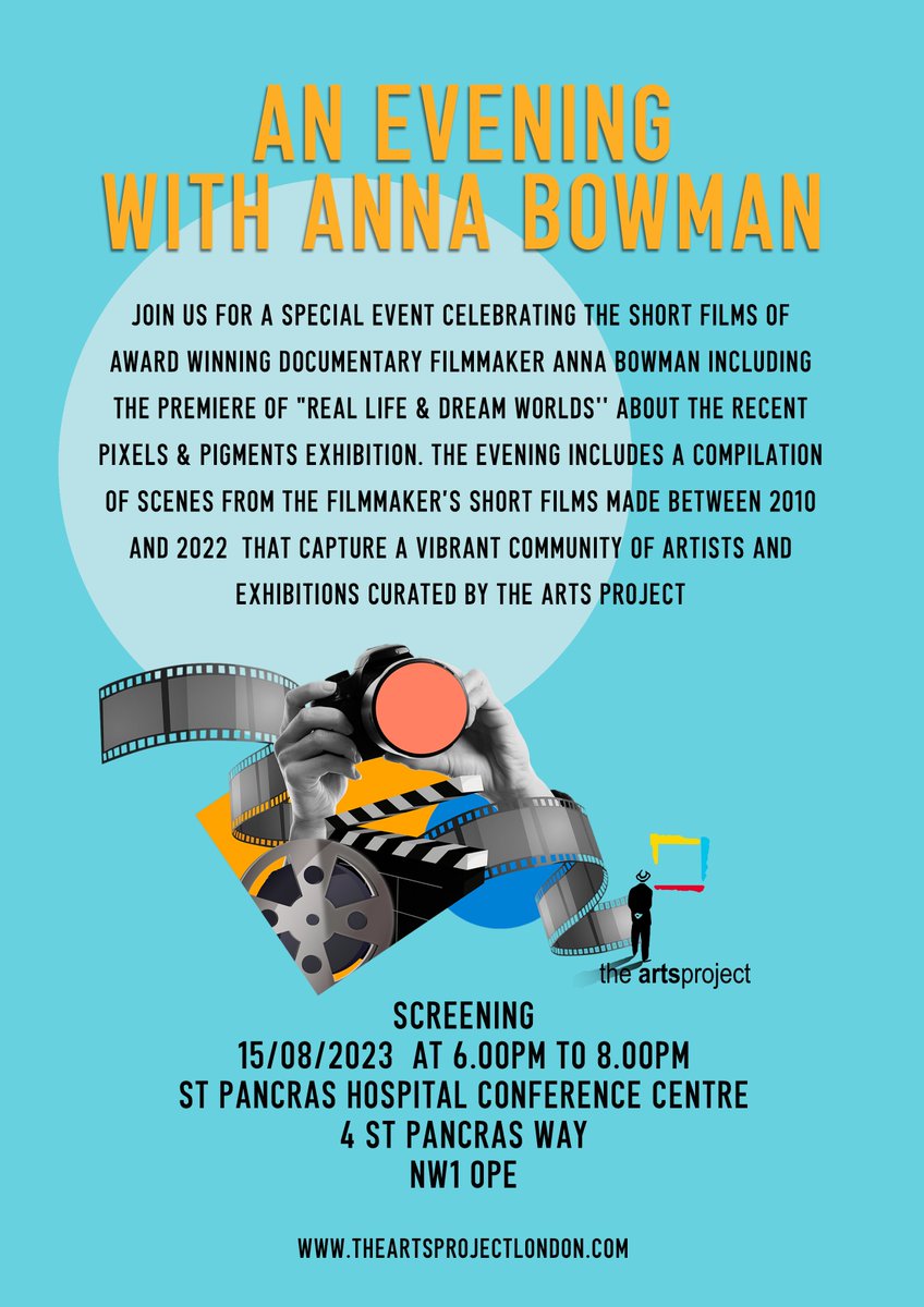 TUESDAY 15 AUGUST: Join us for a special event celebrating the short films of award winning filmmaker ANNA BOWMAN, including the premiere of 'Real Life and Dream Worlds' about <a href="/ArtsProjectLdn/">The Arts Project</a> 'Pixels and Pigments' exhibition held @CI_NHS Conference Centre Gallery in late 2022.