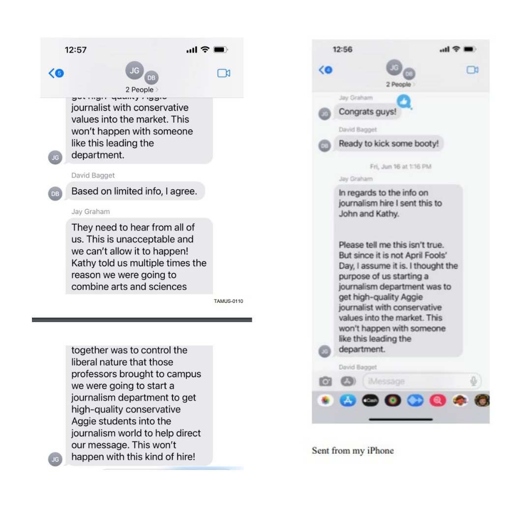 📲Text exchanges between Texas A&amp;M Board of Regents Jay Graham and David Baggett.  

➡️Graham wants the new Journalism Program at A&amp;M to turn out "high-quality conservatives"... "to help direct our message"  

Receipts below ⤵️

(1/2)