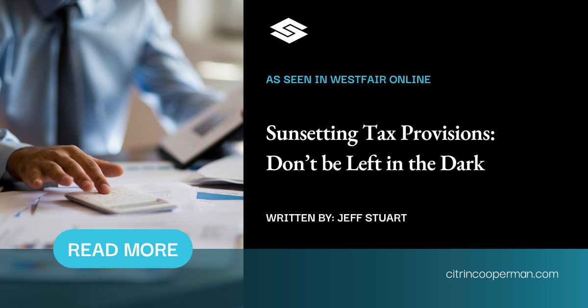 Businesses need to be aware of certain Tax Cuts and Jobs Act (TCJA) provisions that are due to sunset after 2025. 

In this article, Partner Jeff Stuart provides some insights into the TCJA and planning opportunities to take into consideration: citrincooperman.com/In-Focus-Resou…