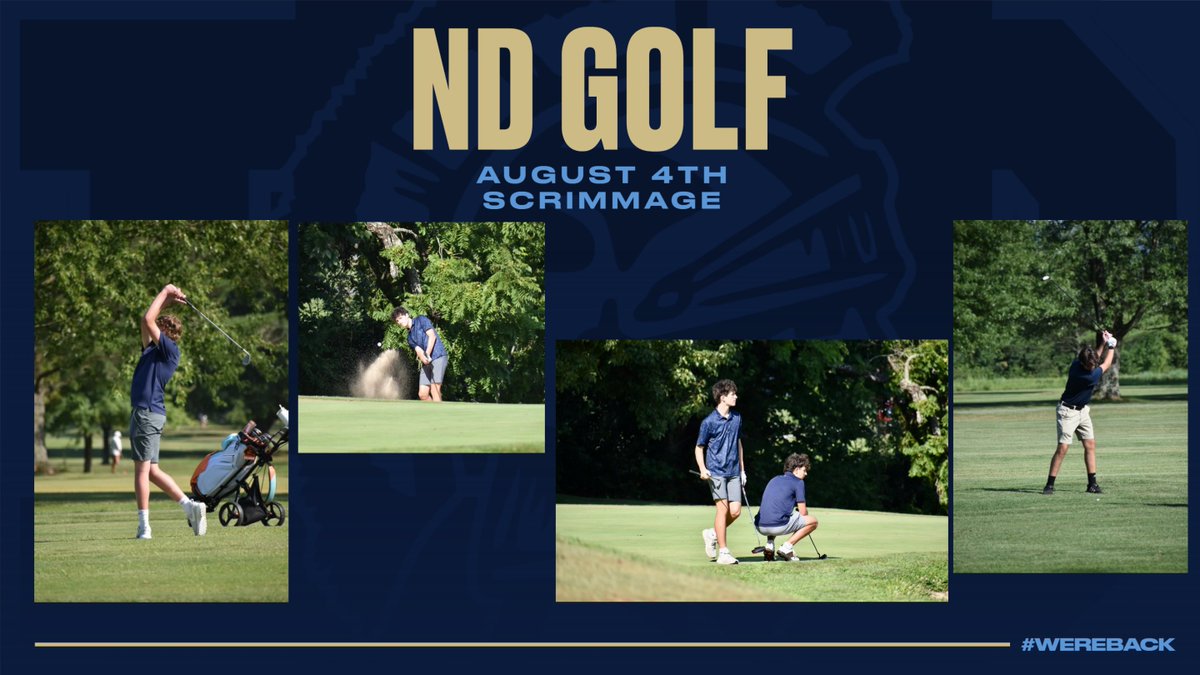 GoNDTitans's tweet photo. Notre Dame is proud to be back on the course fielding a golf team! They had their first scrimmage yesterday! Schedule is not finalized yet but once it is we'll post it. Good Luck Golfers! #WereBack https://t.co/DLQe0HktMs