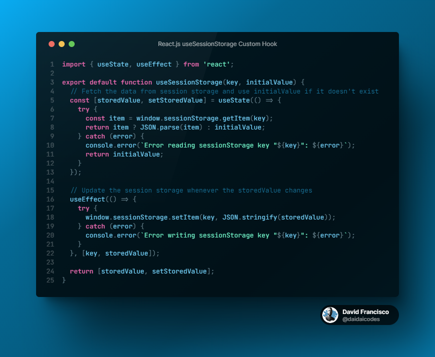 daidaicodes's tweet photo. ๐ฃ React Custom Hooks Series: useSessionStorage ๐ฃ
This custom hook helps us interact with the browser's session storage.
#ReactJS #CustomHooks #CodingTips #juniordeveloper #juniordev #reactjsdevelopers #100DaysOfCode #reactnative #javascript #webdev #SessionStorage https://t.co/NdDdGhUz95