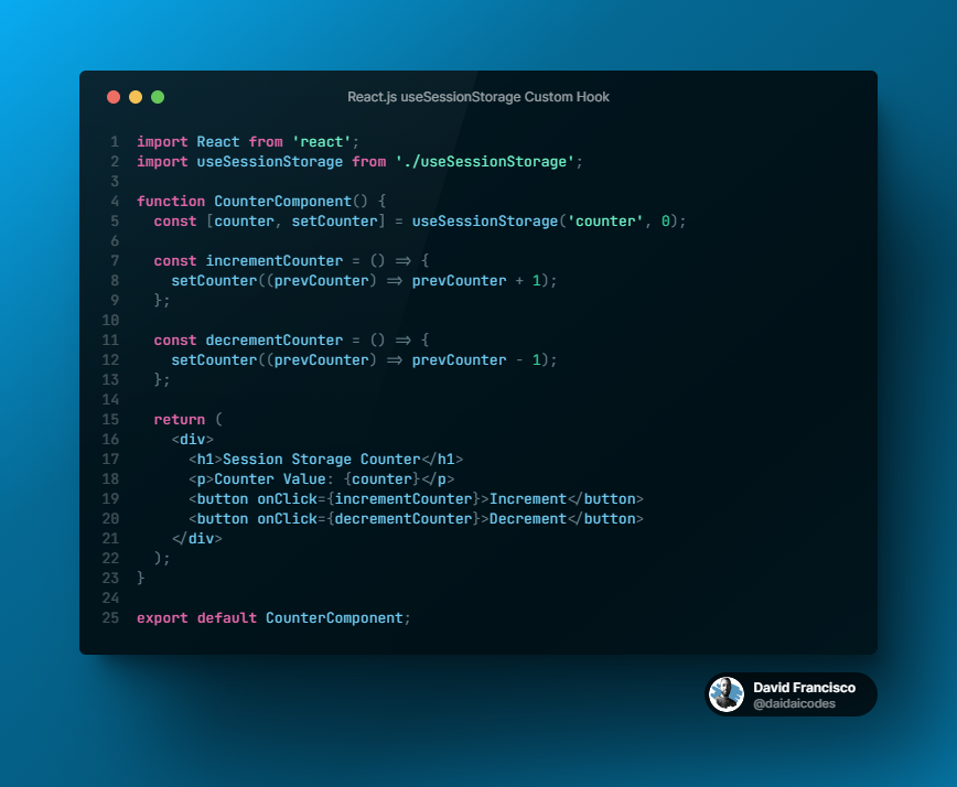 daidaicodes's tweet photo. ๐ฃ React Custom Hooks Series: useSessionStorage ๐ฃ
This custom hook helps us interact with the browser's session storage.
#ReactJS #CustomHooks #CodingTips #juniordeveloper #juniordev #reactjsdevelopers #100DaysOfCode #reactnative #javascript #webdev #SessionStorage https://t.co/NdDdGhUz95