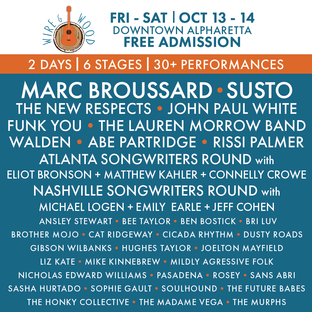 The 2023 Wire and Wood lineup is HERE! 🤩 Join us in downtown Alpharetta Friday &amp; Saturday, October 13-14 for 30+ performances on 6 stages. Admission is FREE! #WireandWood #CityofAlpharetta #AwesomeAlpharetta