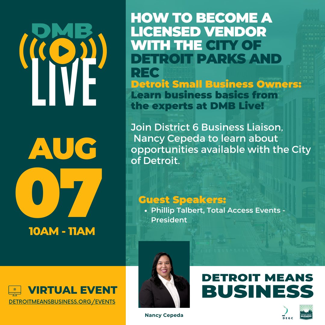 Looking for information on how to become a licensed vendor with the <a href="/CityofDetroit/">City of Detroit</a> Parks and Rec? Join #DetroitMeansBusiness Monday (8/7) morning at 10 AM for the next DMB Live 💻 

You can register here: bit.ly/3OGYDGa