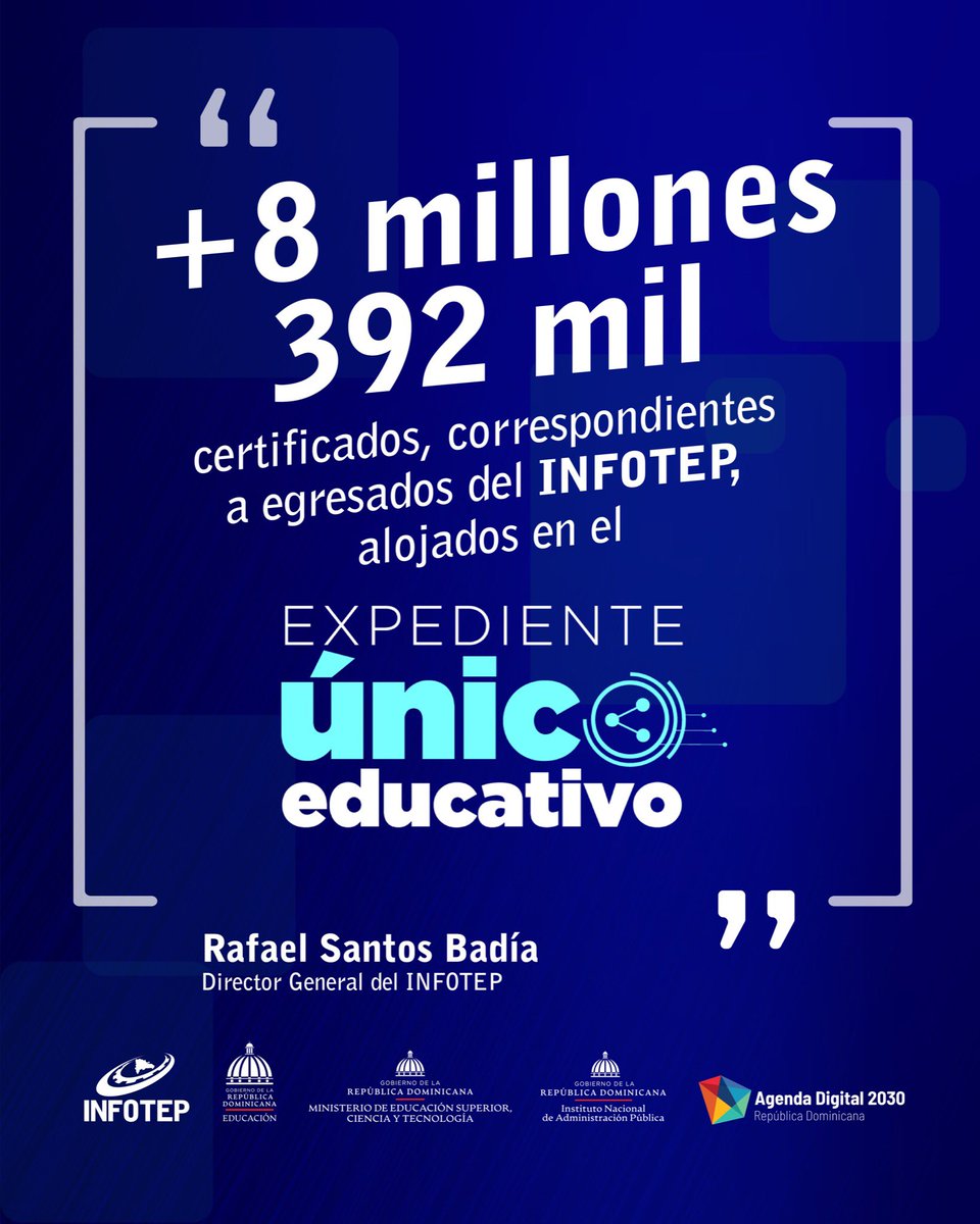 InfotepRD's tweet photo. Todos los certificados emitidos desde el año 2009 a la fecha los puedes obtener en Expediente Único Educativo . 🙌🤩

🔗 https://t.co/Dc1DnUbYW2 

#ExpedienteEducativo
#AlgoÚnico
#CapacitarEsProgresar
#INFOTEPCrece
#EstoEsCambio
#INFOTEPesInnovación https://t.co/CD9IMbfvOI