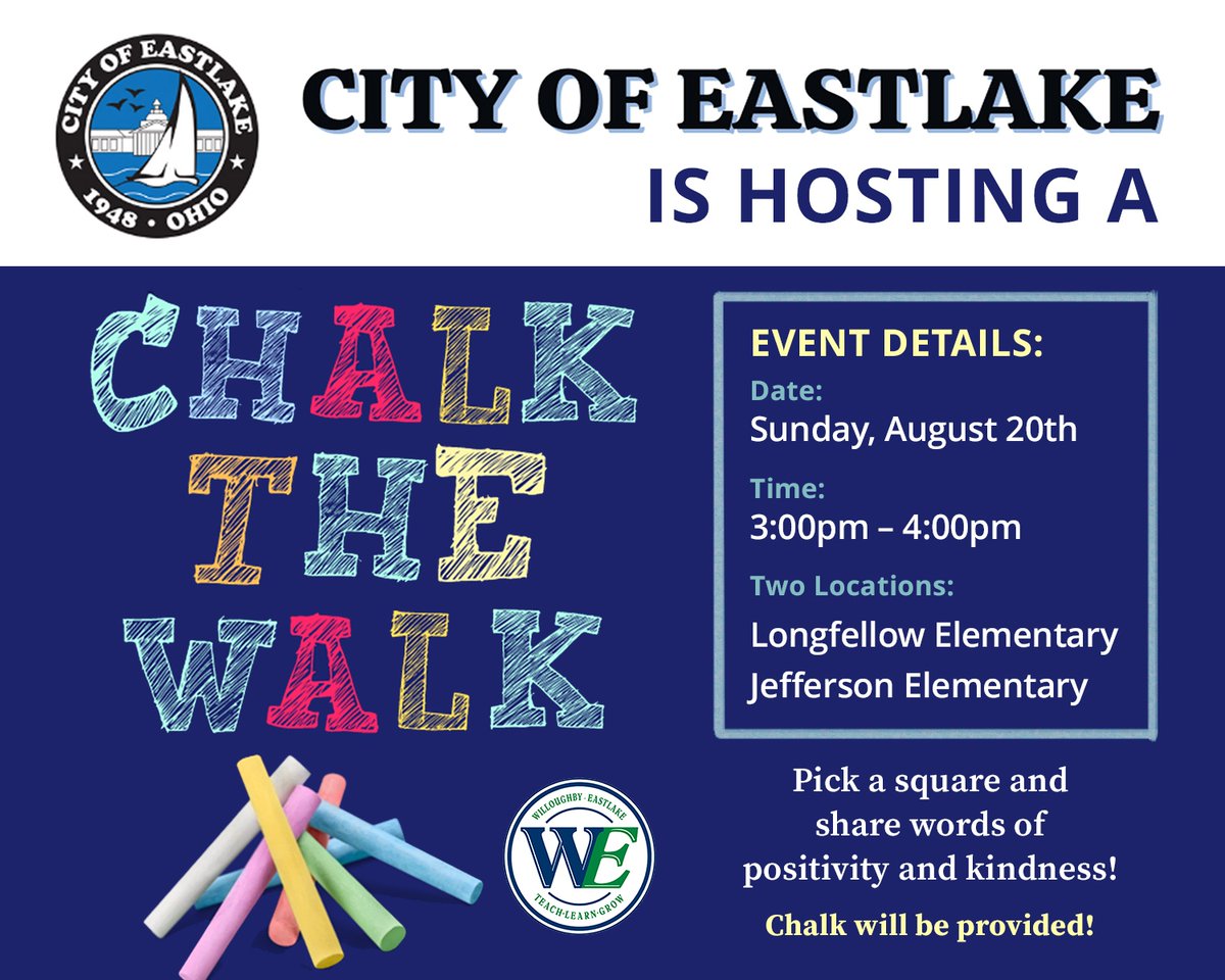 🖍️City of Eastlake is hosting CHALK THE WALK! 🖍️ Join us Sunday, August 20, from 3:00 p.m. to 4:00 p.m. #WeBelong