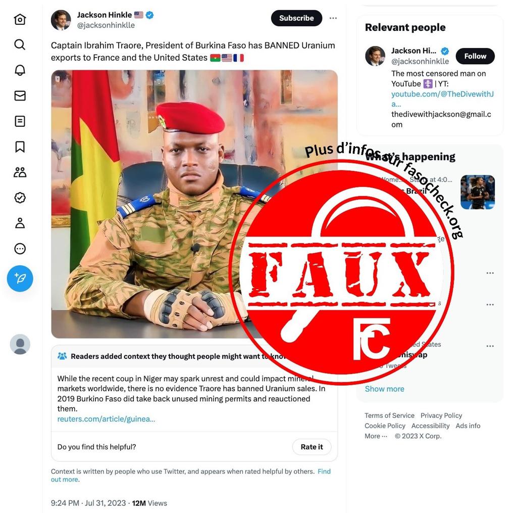 Le capitaine Ibrahim Traoré du #Burkina a interdit les exportations d’uranium vers la France 🇫🇷 et les USA 🇺🇸 ? Faux, le pays n'en produit pas. Cette #Infox a touché plus de 12 millions de personnes. L'or est le principal minerai qu'exploite le 🇧🇫 en plus du zinc et de l'argent.