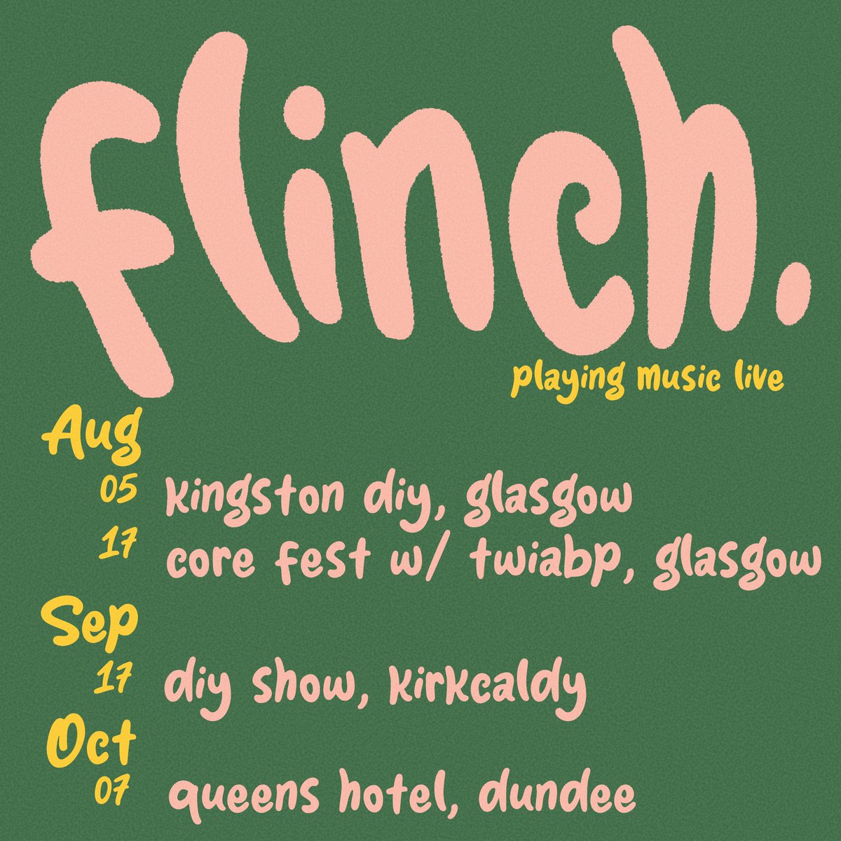 flinch_music's tweet photo. We have had a wee break from playing shows while we work on our second album (👀) 

Come catch us rocking over the next few months as we take some new tunes to the stage!

Details still to be released for a couple but put the dates in your diary and come dance with your friends! https://t.co/qPBjDzpWHa