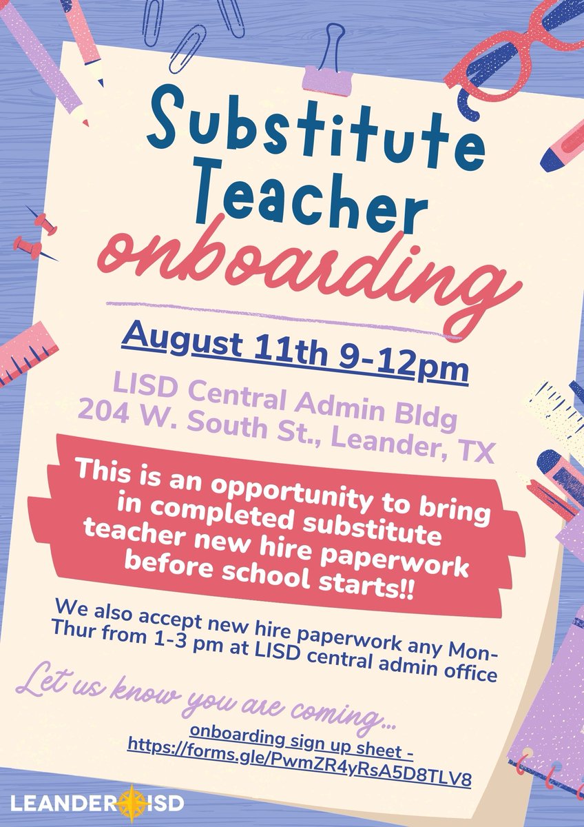 Calling all substitutes... Pop on over on August 11th to our Central Admin Bldg anytime between 9-12pm to turn in your paperwork &amp; complete your new hire process before school starts!  Let us know you are coming with this link forms.gle/PwmZR4yRsA5D8T…