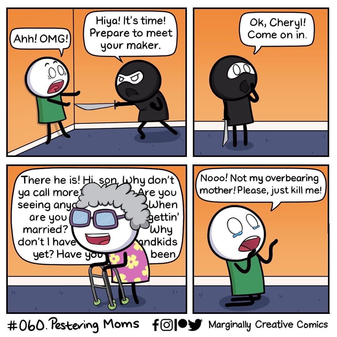 m_c_comics's tweet photo. New Comic! Comic #060. Time to meet your maker!
#comic #comics #webcomic #webcomics #humor #funny #alltehcomics #art #drawing #digitalart #mother #mom #moms #ninja #assassin #overbearing #pestering #overbearingmoms https://t.co/nFgDKazuSN