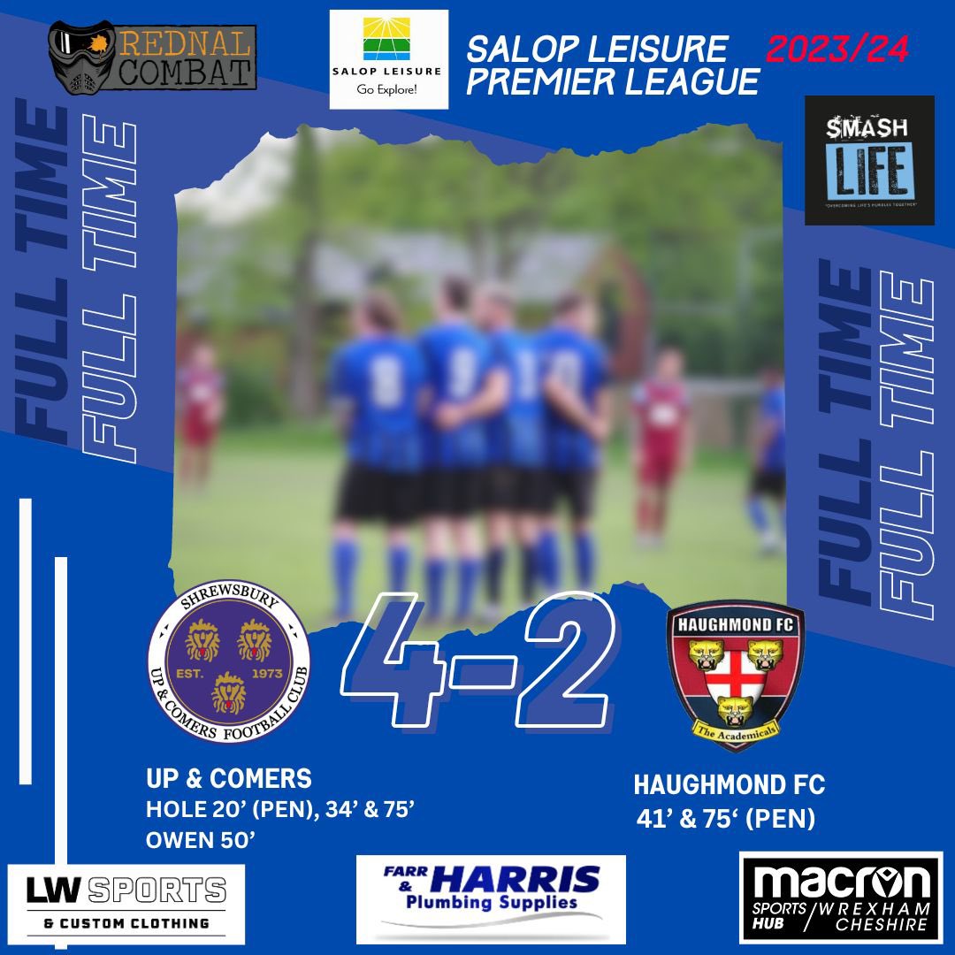 FT score 4-2 we’re off and running. We wish our local neighbours <a href="/HaughmondFC/">Haughmond FC 🏴󠁧󠁢󠁥󠁮󠁧󠁿</a> all the best for the rest of the season. Thanks to all that came to support both teams. #upandcomers #mond