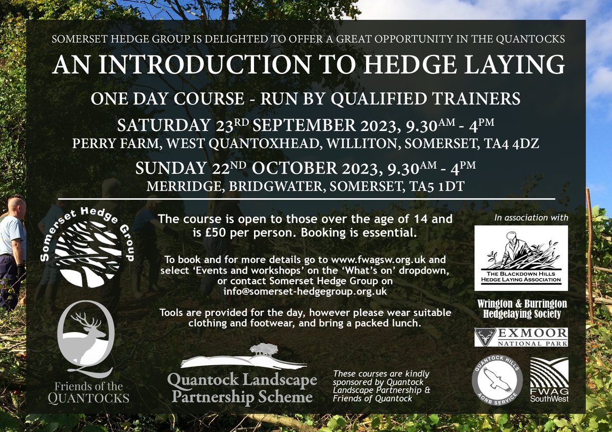 Drum roll please...
Our Sep &amp; Oct hedge laying courses are now open for bookings.
Bookings can be made via: fwagsw.org.uk/.../Category/e…
Pencil in Saturday 25th November for our annual hedge laying competition to be held in Spaxton this year. More details to follow in a few weeks.
