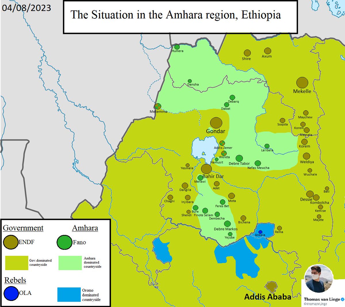 #Ethiopia 🇪🇹 MAP: the *approximate* situation in the #Amhara region as of 04/08/2023. Heavy fighting continues as the federal government has declared a state of emergency. #Fano militants are advancing to the regional capital #BahirDar as well as the largest city #Gondar